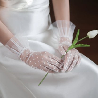 Wedding Bridal Handmade Gloves Soft Tulle Dots Ruffle Shor