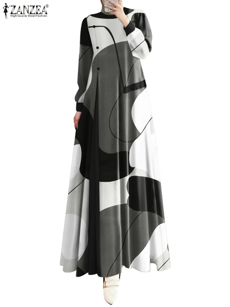 Women Fashion Printing Abaya Dress Muslim Islamic Casual Long Sleeve Long Dress