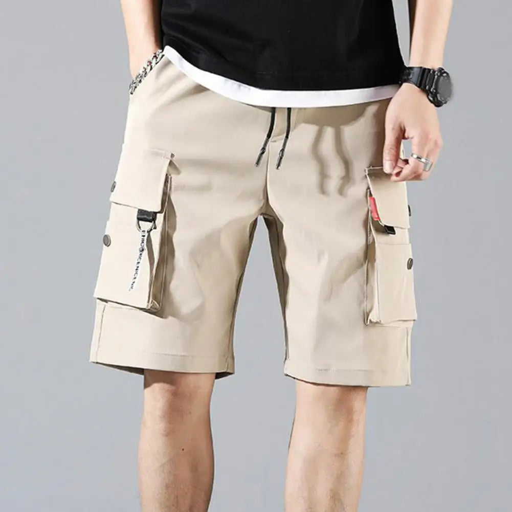 Men's Cargo Shorts Solid Color Multiple Pockets Short Pants Summer Elastic Waistband Drawstring Cargo Shorts Casual Men Shorts