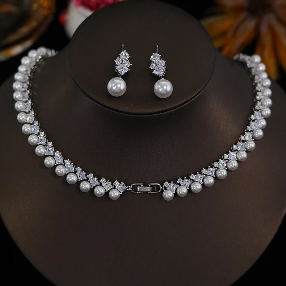 Elegant White CZ Wedding Accessories for Women Brides Classic Round Pearl Necklace and Earrings Costume Jewelry Sets X0482