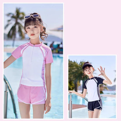 Double Layers Shorts Girls Swimwear Two-Pieces Suits Summer Beach Clothes L-5XL Kids Short-sleeve Swimsuit For Girl Pink, Black