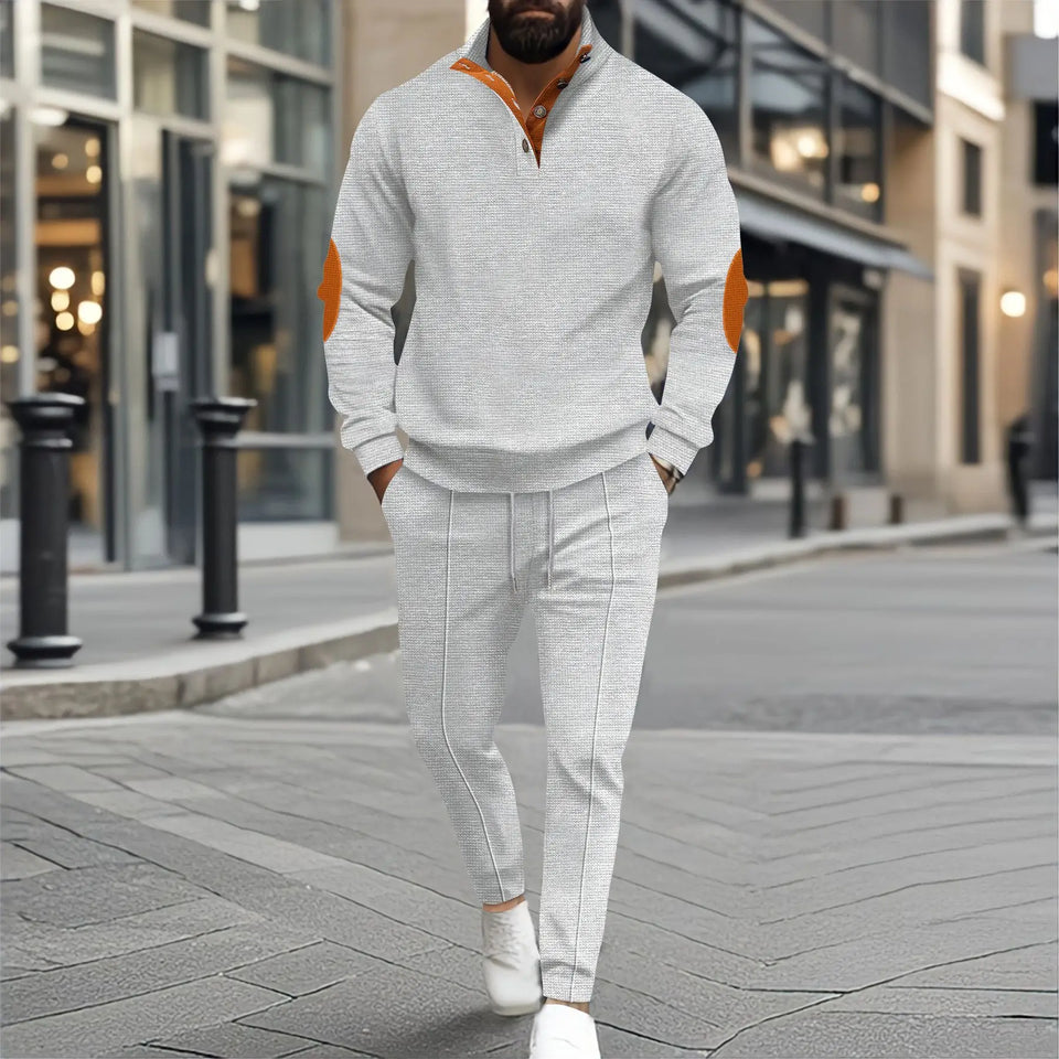 Autumn and winter new men's fashion outdoor sports half zipper Waffle casual stand collar long sleeve hoodie + trousers men's su