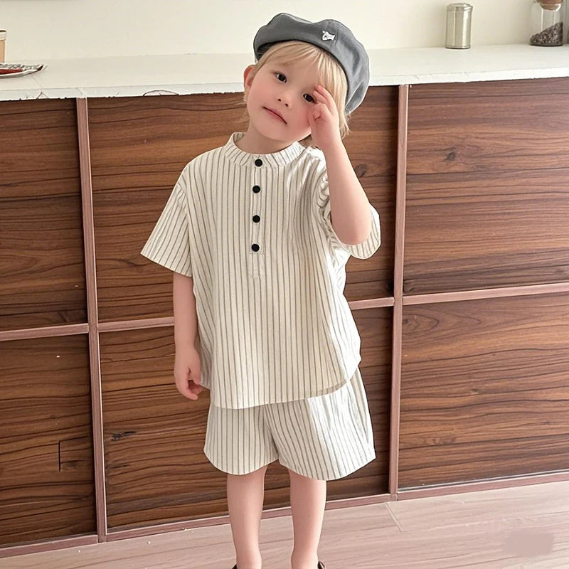Summer Thin Brother Sister Outfits Boy Children Cotton Short Sleeve T-shirt+Shorts 2pcs Girl Baby Striped Fly Sleeves Dress