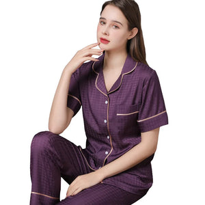 High Quality Couple Pajamas Suit Summer Short Sleeve Long Pant Home Cloth Men Ice Silk Thin Satin Large Size Sleepwear Set Women