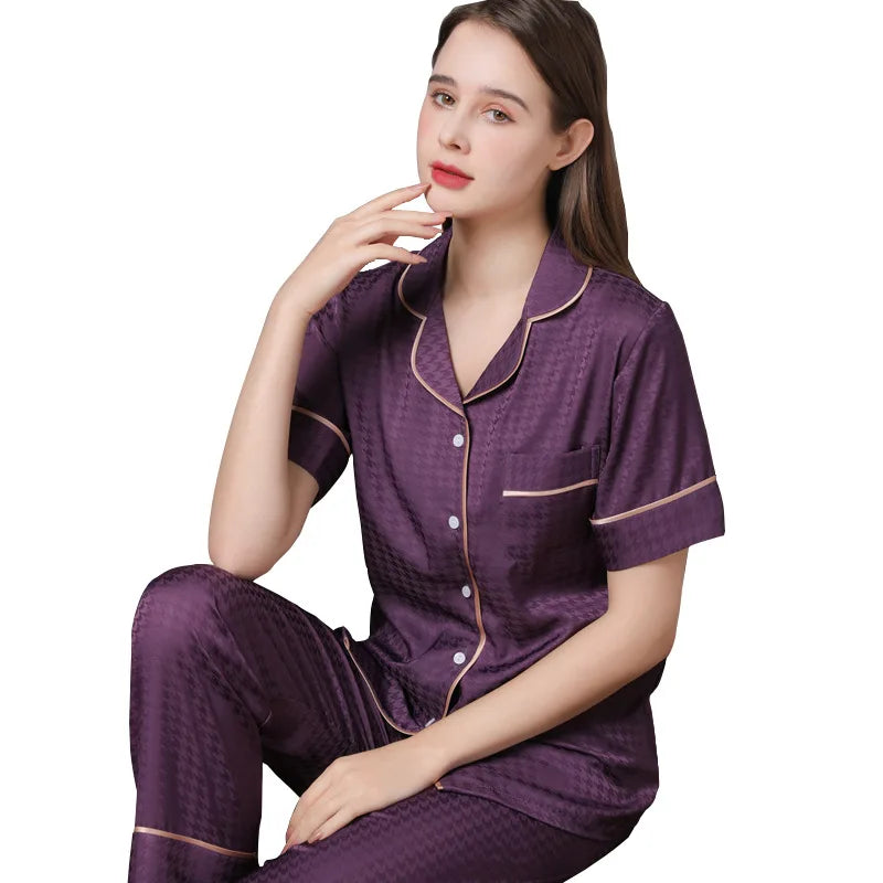 High Quality Couple Pajamas Suit Summer Short Sleeve Long Pant Home Cloth Men Ice Silk Thin Satin Large Size Sleepwear Set Women