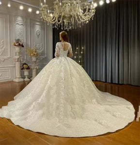 Customized 2025 Ball Gowns V Neck Wedding Dresses Applique Lace Bridal Dress Shiny robes de mariée Long Sleeves Vestido de novia