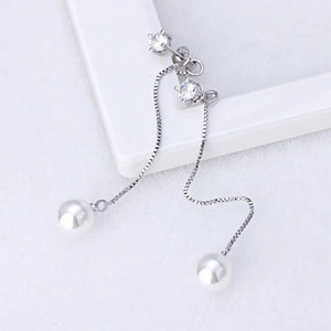 Fashion Silver-color Simulated Pearl Pendant Long Chain Cubic Zirconia  Earrings Bridal Wedding  Jewelry Drop