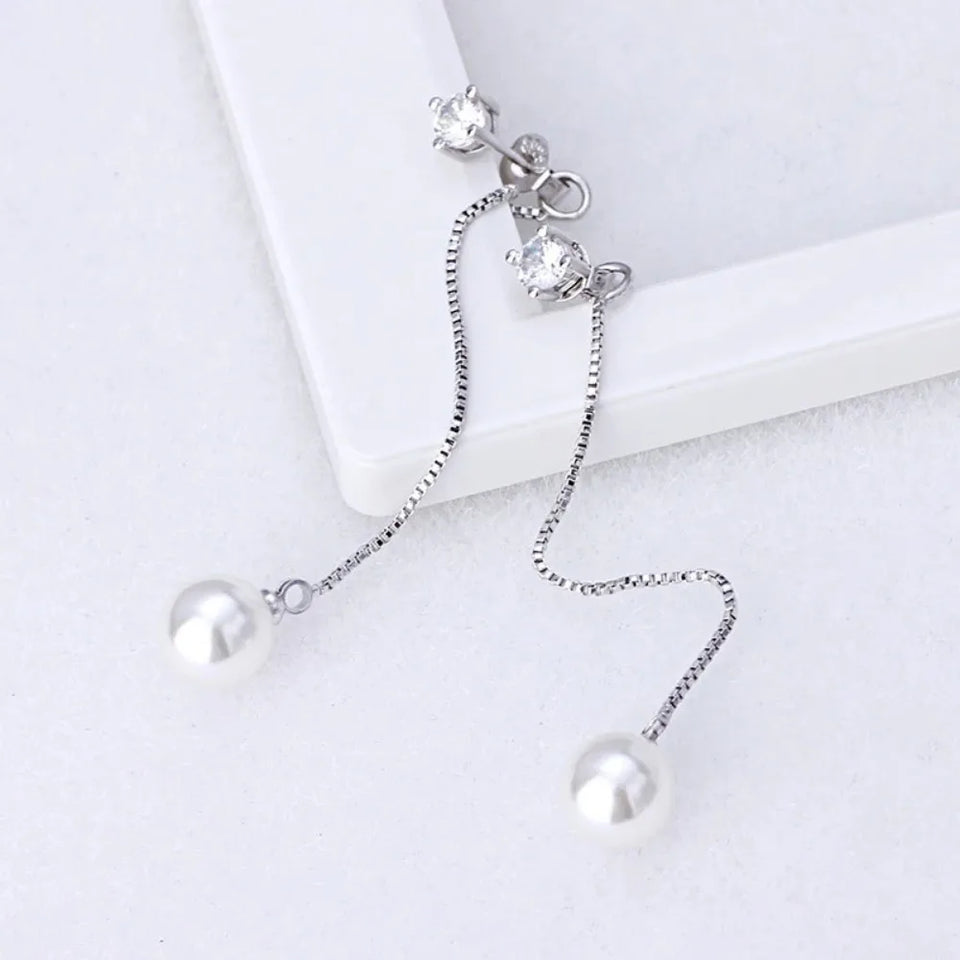 Fashion Silver-color Simulated Pearl Pendant Long Chain Cubic Zirconia  Earrings Bridal Wedding  Jewelry Drop