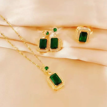 Exquisite Fashion Emerald Perfume Bottle Necklace Earrings Ring 3 Piece Set Classic Banquet Wedding Jewelry