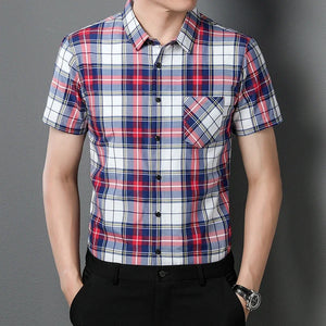 New Men's Casual Plaid Short Sleeved Lapel Shirt for Summer Fashion Comfort