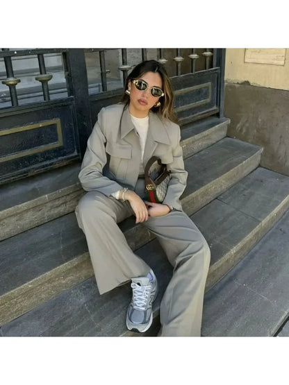 TRAF Casual Flip Collar Short Jacket Coat Wide Leg Long Pants Set  Summer Solid Suits Streetwear Jackets+Chic Wide Leg Pants