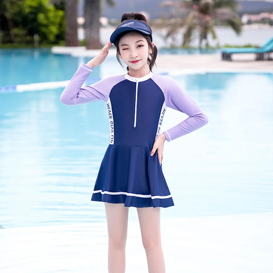 New Kids Long-sleeve Swimsuit For Girl With Underwear Teenager Girls Summer Beach