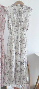 Kuzuwata Fresh Mid-length Print High Waist Robe New Gentle Literary Lace Up Pleated Slim Exquisite Mujer Japan New Elegant Dress