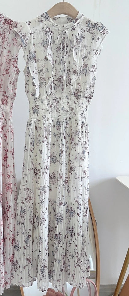 Kuzuwata Fresh Mid-length Print High Waist Robe New Gentle Literary Lace Up Pleated Slim Exquisite Mujer Japan New Elegant Dress