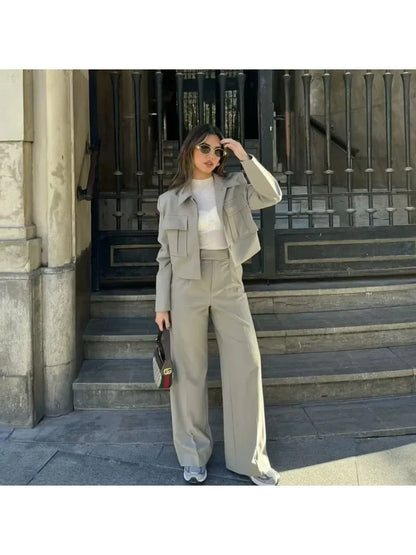 TRAF Casual Flip Collar Short Jacket Coat Wide Leg Long Pants Set  Summer Solid Suits Streetwear Jackets+Chic Wide Leg Pants