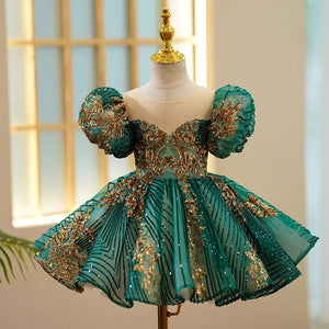 Kids Luxury Party Green Gold Dresses for Girls Size 1 - 12 Years Birthday Photo Shoot Gown Evening Formal Lace Dress Prom Frock