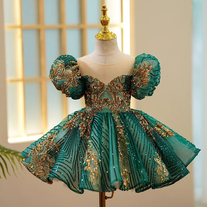Kids Luxury Party Green Gold Dresses for Girls Size 1 - 12 Years Birthday Photo Shoot Gown Evening Formal Lace Dress Prom Frock