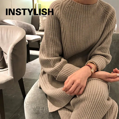 Women Elegant Sweater Suit Elegant Knitted Two Pieces Set Autumn Winter Oversized Pullover and Trousers