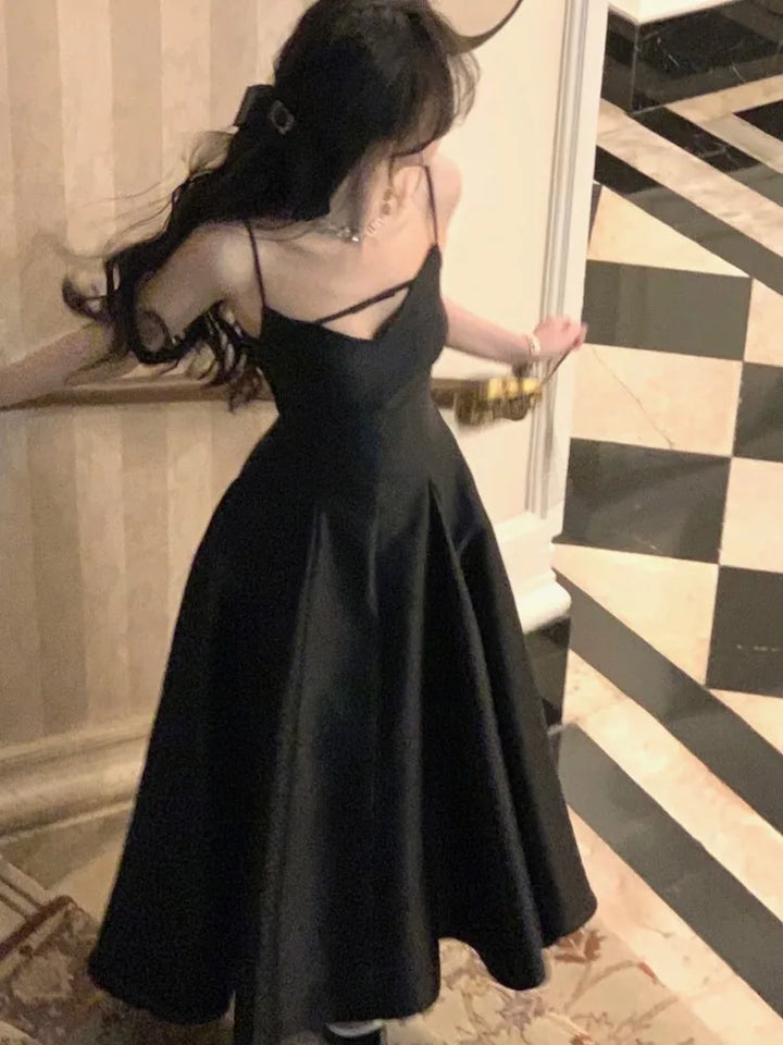 Elegant Solid Princess Evening Party Dress French Romantic Black Graduation Robe Korean