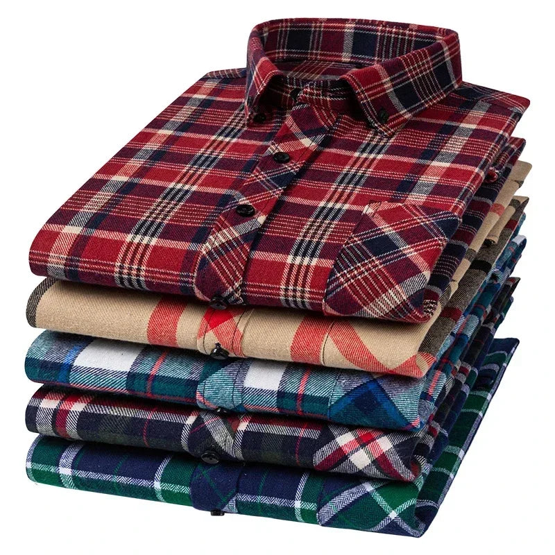 Cotton Flannel Plaid Shirts Men Regular Fit