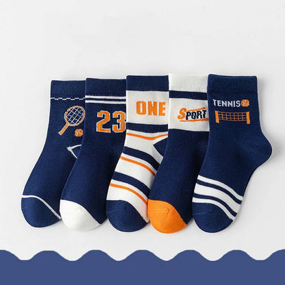 5 Pairs Kids Boys Socks Tennis Series Children Sport School Students Socks