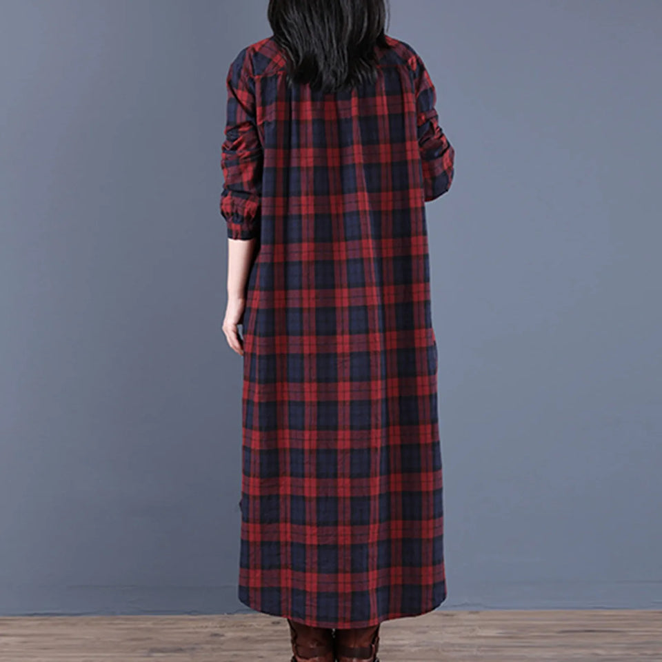 Women Autumn Checked Shirt Dress Lapel Long Sleeves