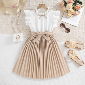Kids Dress For Girls White Petal Sleeves Pleated Khaki Skirt &Bow tie Preppy Style Elegant Birthday Party Clothes For 8-12 Years