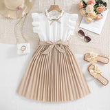 Kids Dress For Girls White Petal Sleeves Pleated Khaki Skirt &Bow tie Preppy Style Elegant Birthday Party Clothes For 8-12 Years