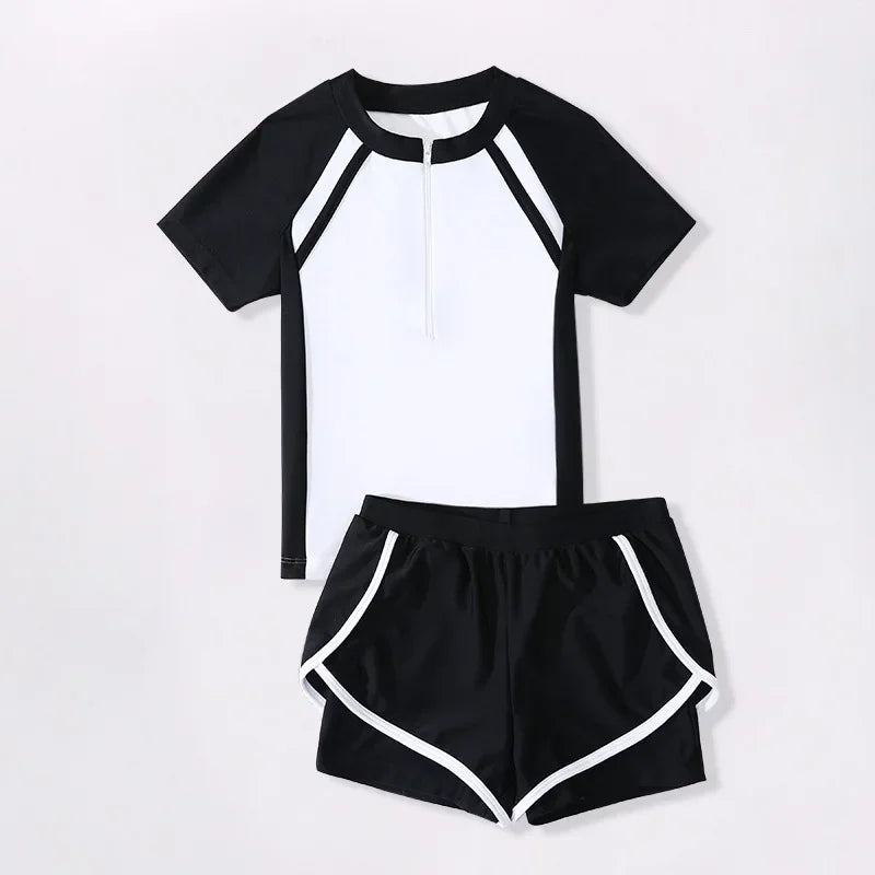 Double Layers Shorts Girls Swimwear Two-Pieces Suits Summer Beach Clothes L-5XL Kids Short-sleeve Swimsuit For Girl Pink, Black