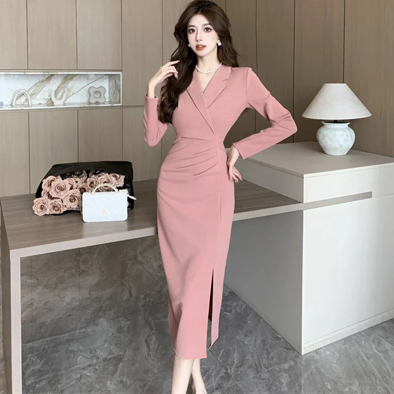 Women Pink Pleated Bodycon Formal Long Dress Autumn Winter Long Sleeve Chic Suit Dress