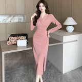 Women Pink Pleated Bodycon Formal Long Dress Autumn Winter Long Sleeve Chic Suit Dress