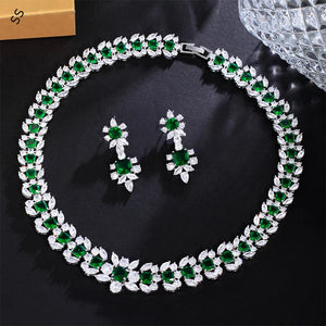 Europe and American High Quality Luxury Emerald Jewelry Sets 2 Piece Green Zircon Earring Necklace Chain Banquet Dress Accessory