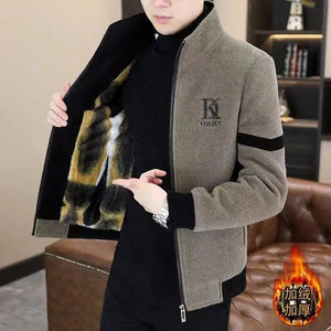 Men's Clothing Winter high quality Mink Jacket Handsome Collar Woolen Coat fleece-lined Thickened Jacket