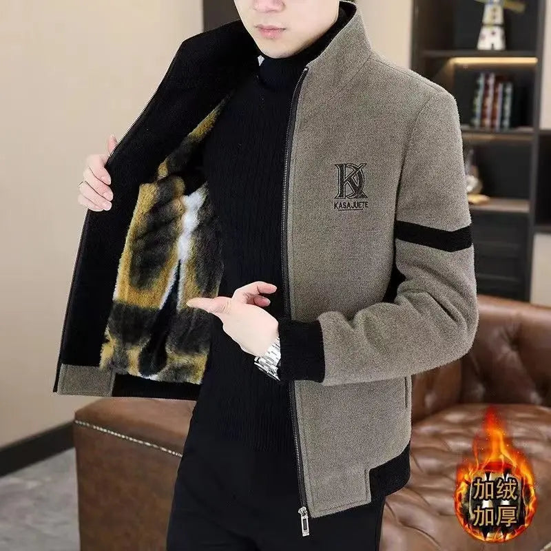 Men's Clothing Winter high quality Mink Jacket Handsome Collar Woolen Coat fleece-lined Thickened Jacket