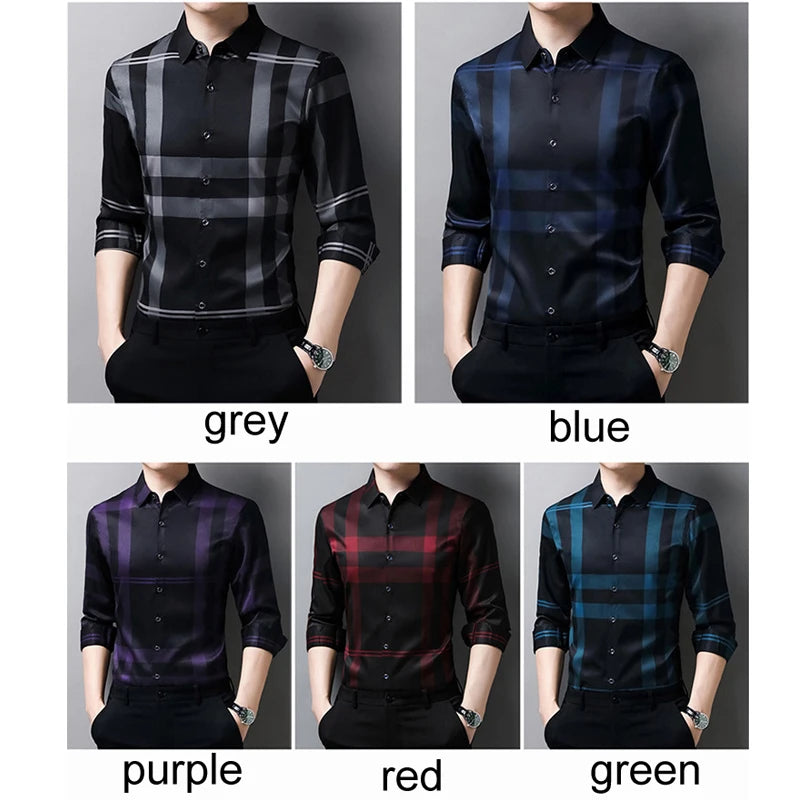 Luxurious Men's Long Sleeve Striped Shirt New Spring Autumn Ice Silk Business Top Wrinkle-resistant Non-iron Solid Men Clothing