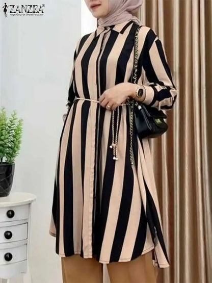 Muslim Blouse Women Stylish Long Shirts Long Sleeve Casual Striped Tops Turkey Abaya Kaftan Loose Busas Islamic Clothing