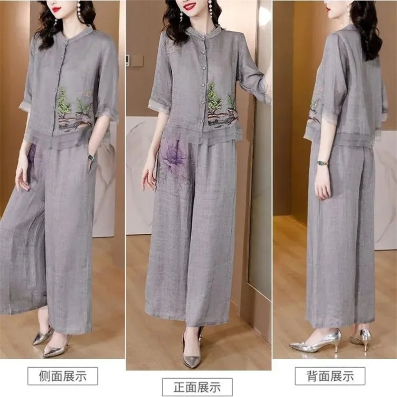 Grey Summer Art Embroidery Wide Leg Pants Casual Fashion