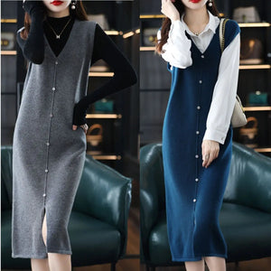 Long, Medium to Long Sleeveless Knitted Knee Length Vest Skirt Autumn Winter V-neck