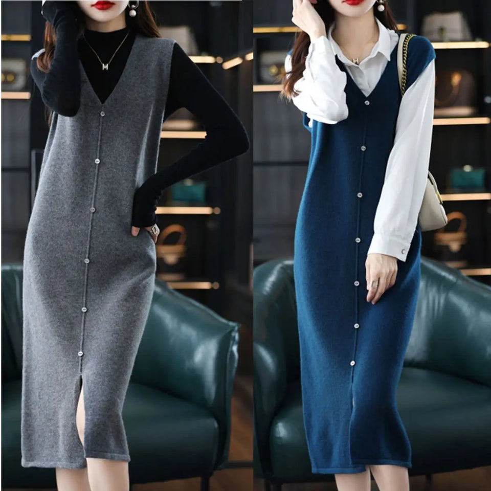 Long, Medium to Long Sleeveless Knitted Knee Length Vest Skirt Autumn Winter V-neck