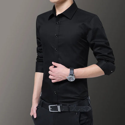 New Spring Autumn Korean Men Solid Color Business Shirt Fashion Classic Casual Slim White Long Sleeve Shirt Brand Clothes