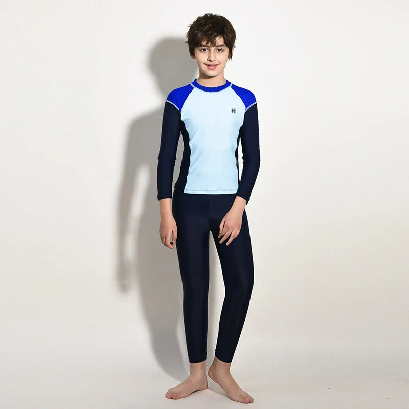 Boy Swimwear Rash Guard Long Sleeve Shirt Dark Blue Pants Children kids Swimsuit