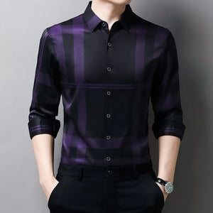 Luxurious Men's Long Sleeve Striped Shirt New Spring Autumn Ice Silk Business Top Wrinkle-resistant Non-iron Solid Men Clothing