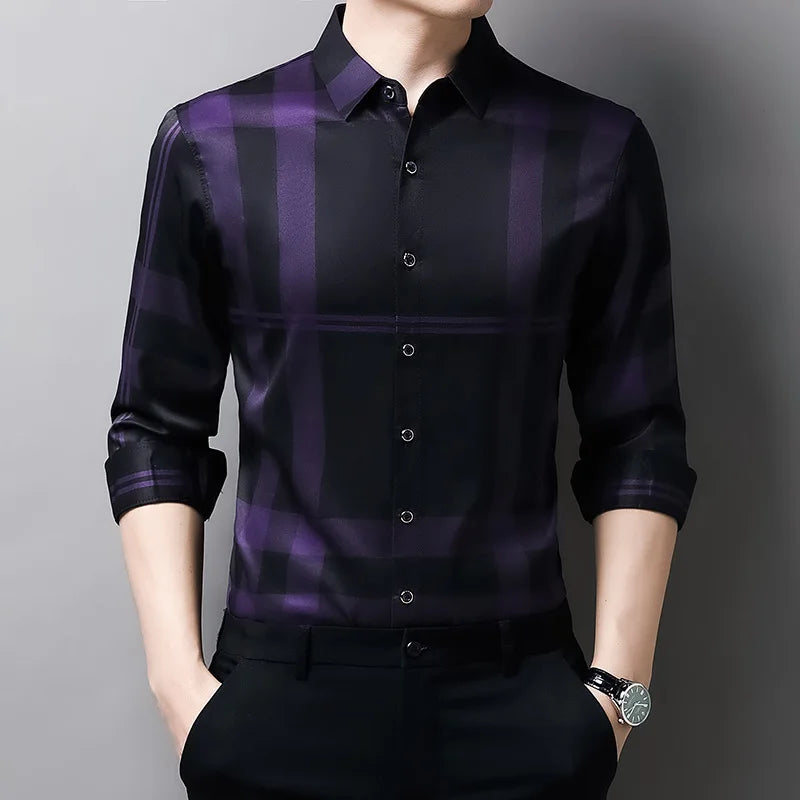 Luxurious Men's Long Sleeve Striped Shirt New Spring Autumn Ice Silk Business Top Wrinkle-resistant Non-iron Solid Men Clothing
