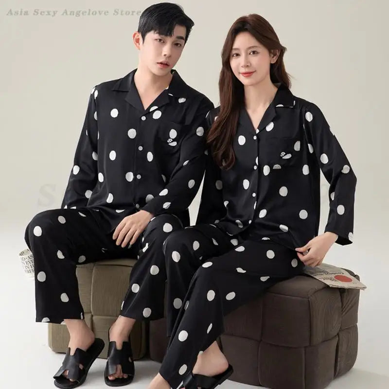 Spring Summer Couple Pajamas Set Women's Long Sleeved Home Clothes Men's Satin Black Sleepwear Loose Casual Nightwear Loungewear