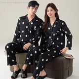Spring Summer Couple Pajamas Set Women's Long Sleeved Home Clothes Men's Satin Black Sleepwear Loose Casual Nightwear Loungewear