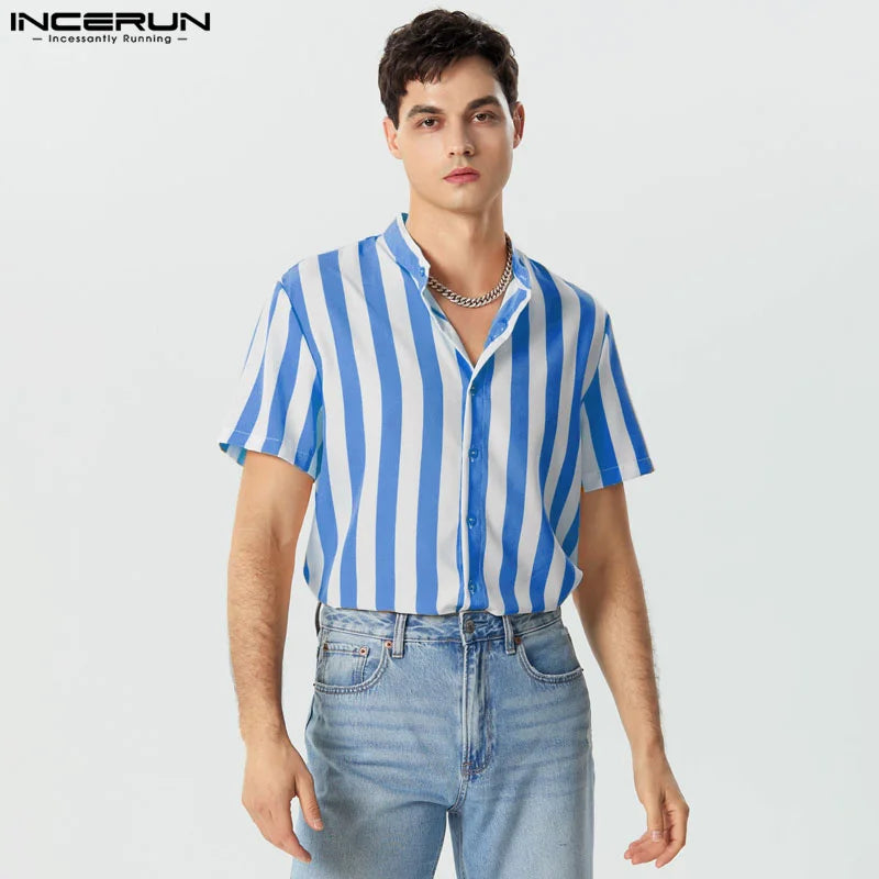 Men Striped Shirt Stand Collar Short Sleeve Casual Men