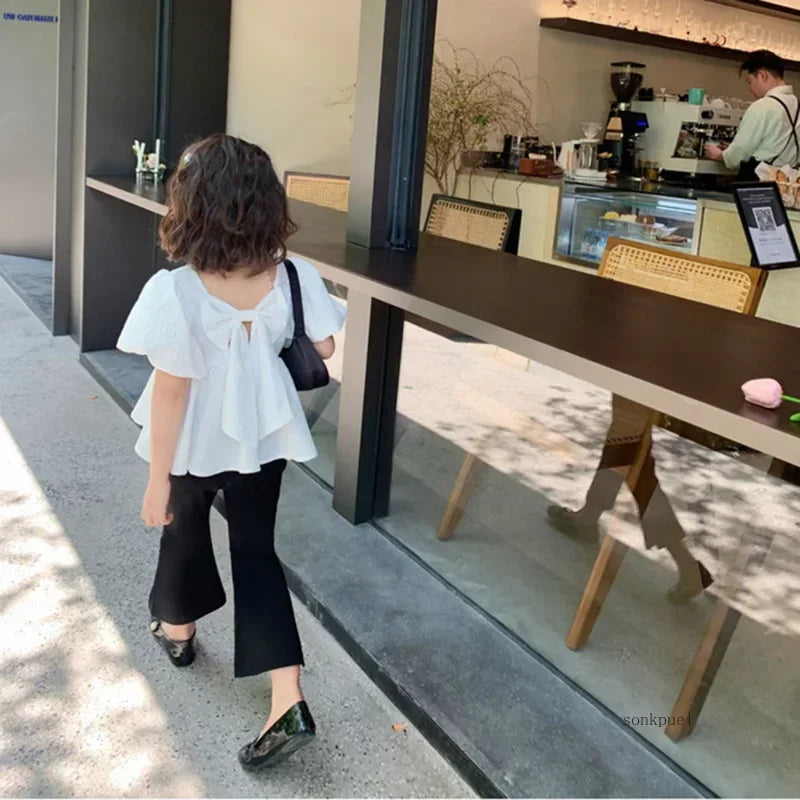 Girls Set Sweet Square Neck Bubble Backless Top with Side Split Flare Pants