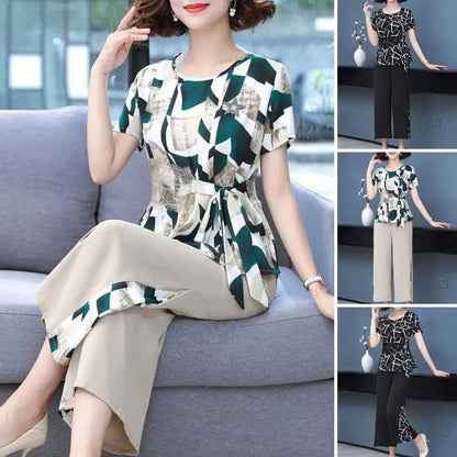 Temperament Simple Women Summer Chiffon Top Short Sleeve Two Piece Patchwork Print Casual High Waist Wide Leg Pants Fashion Set