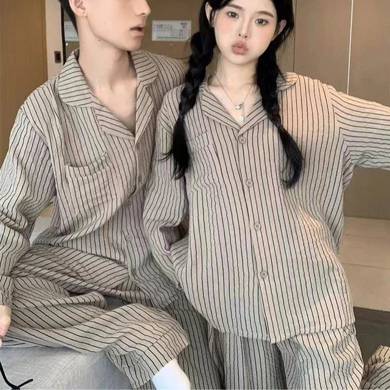 Couple Pajamas for Men Fleece Autumn Sleepwear Korean Sleeping Night Wear Striped Pijama 2 Pcs Pants Sets Pocket Home Suit 2024