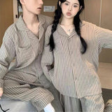 Couple Pajamas for Men Fleece Autumn Sleepwear Korean Sleeping Night Wear Striped Pijama 2 Pcs Pants Sets Pocket Home Suit 2024